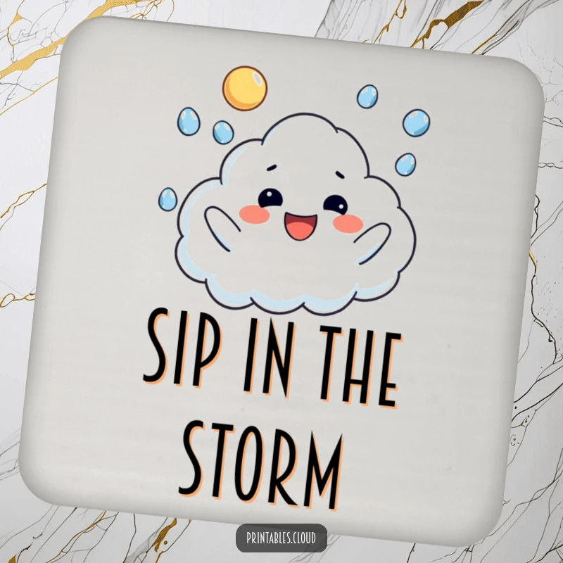 Funny drink coasters featuring a happy cloud character juggling raindrops, adding a touch of cheerful humor.