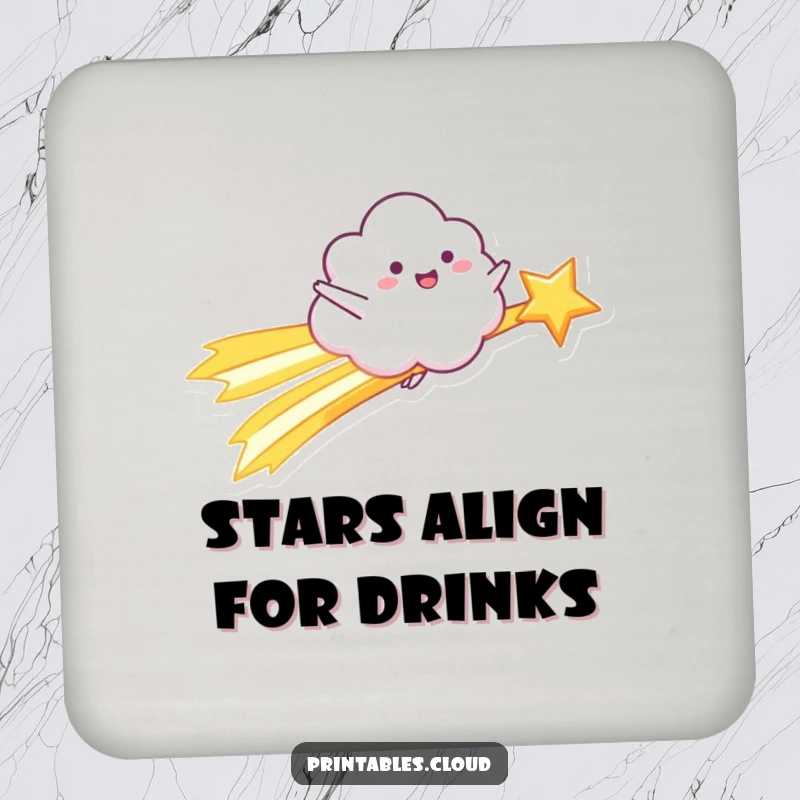 Funny Coaster: A happy cloud character rides a shooting star with arms outstretched, a humorous surface protector.