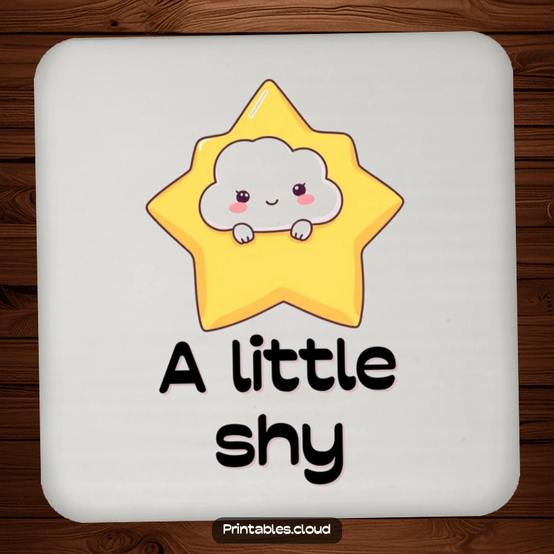 Funny drink coaster featuring a shy cloud character peeking from behind a star, protecting surfaces with cute charm.