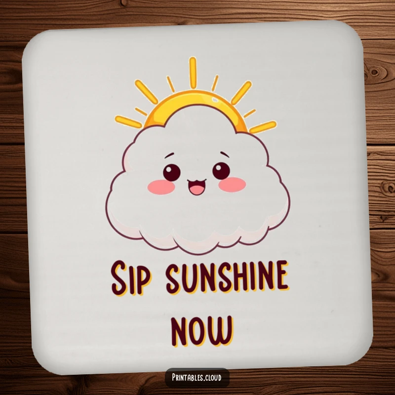 Funny drink coaster with a cloud character offering a warm ray of sunshine, bringing cheer and humor to any surface.