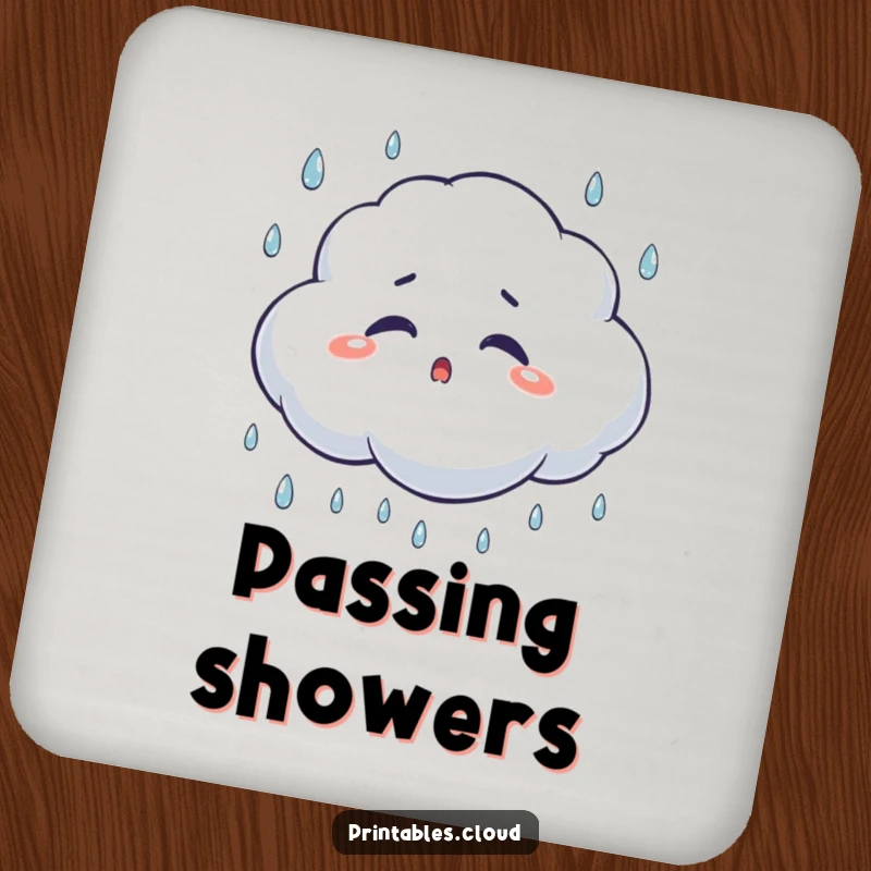 Funny surprised cloud coasters, blinking at falling raindrops, protecting surfaces with humorous weather-themed art.