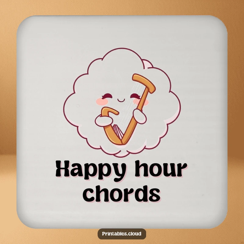 Funny coaster with a cheerful cloud character playing a gentle harp, protecting surfaces with whimsical musical charm.