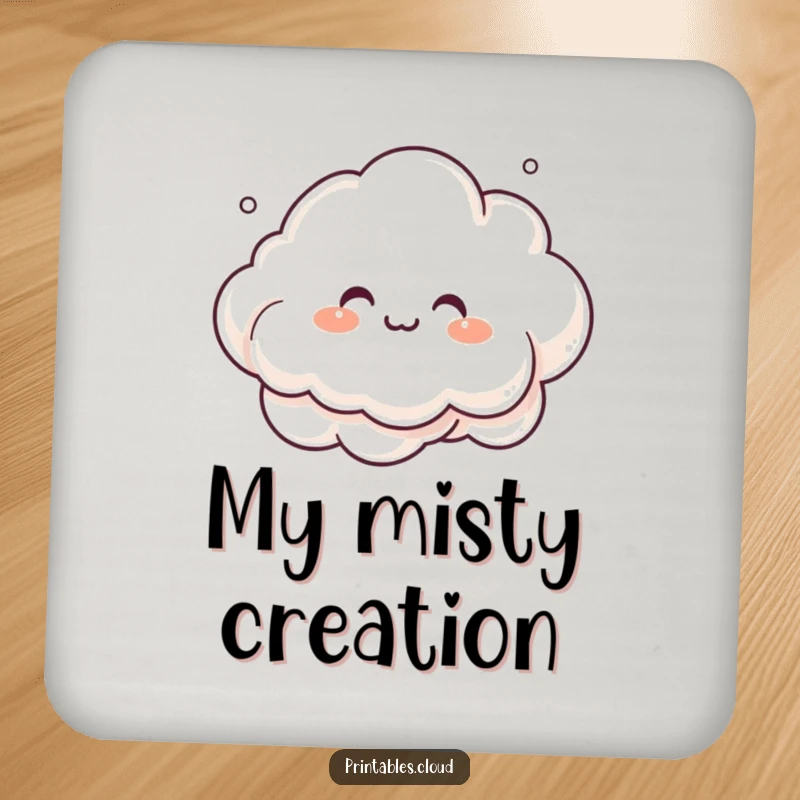 Funny giggling cloud character, making mist art, on a drink coaster, protecting surfaces with humor.