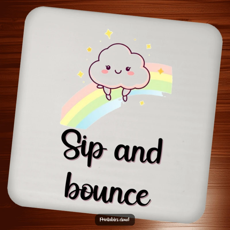 Funny Cloud Coasters: Set of coasters featuring a happy cloud character bouncing on a rainbow.