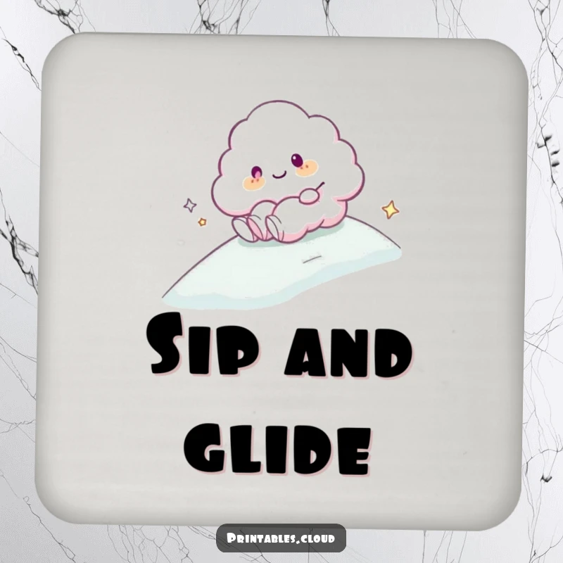 Funny Coaster: A cloud character happily sliding down a gentle, misty slope, adding humor and smoothness.