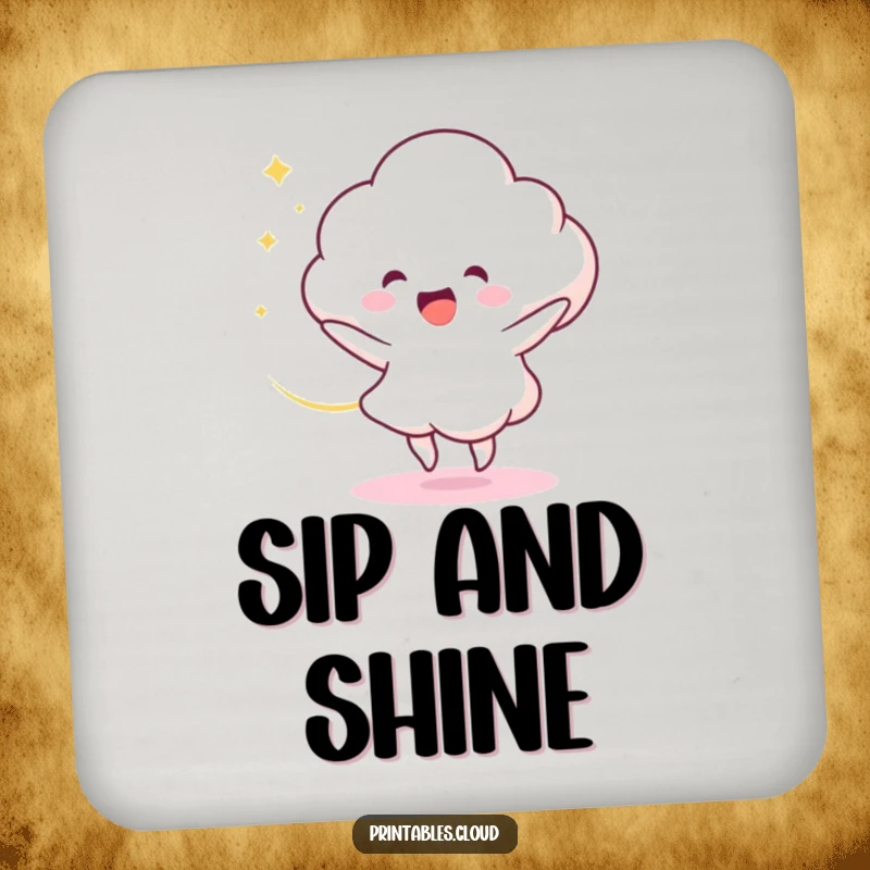 Funny Coaster: A delighted cloud character dances, leaving a swirl of light, offering humorous protection for surfaces.