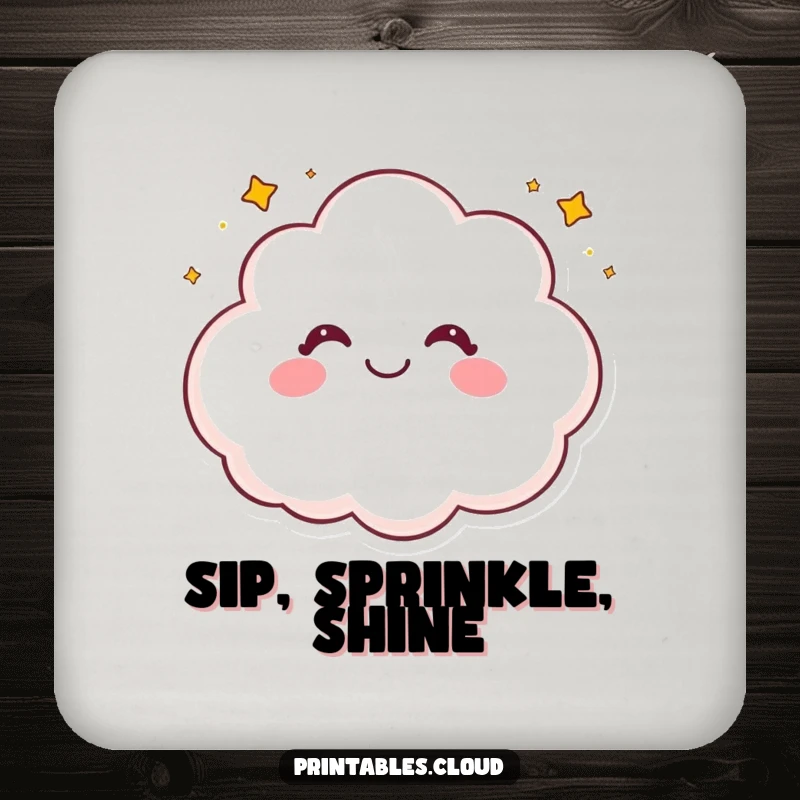 Funny drink coaster with a cute, giggling cloud character sprinkling a charming array of tiny, sparkling stars.