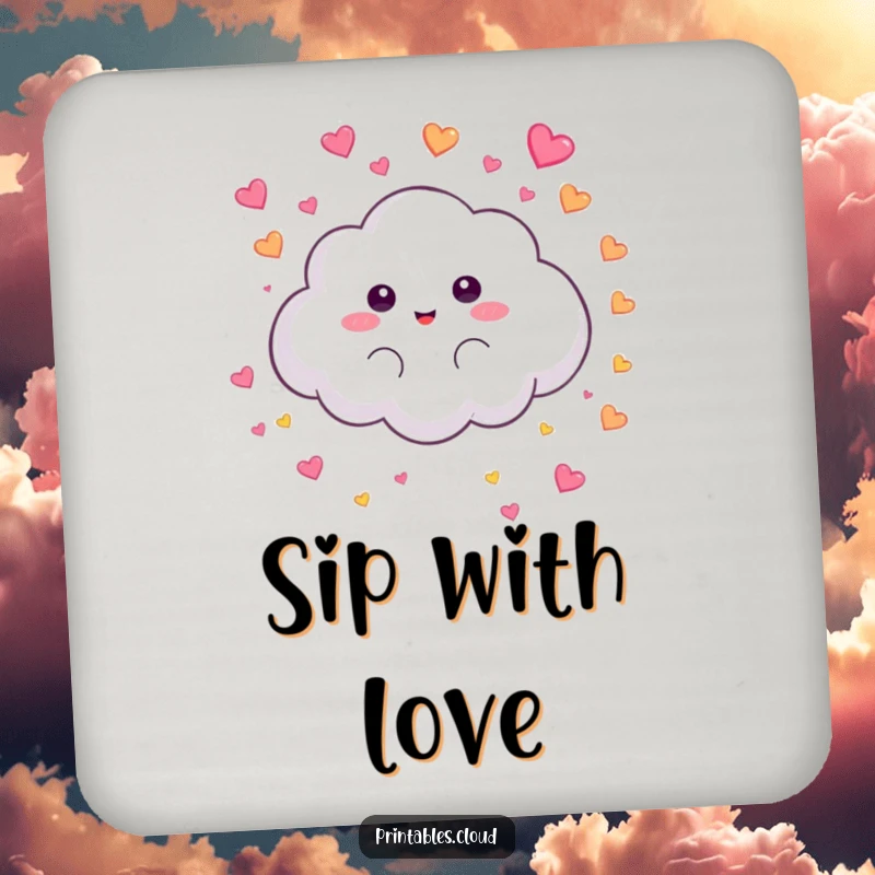 Funny Coaster: A fluffy cloud character rains tiny hearts, offering humorous protection for surfaces.