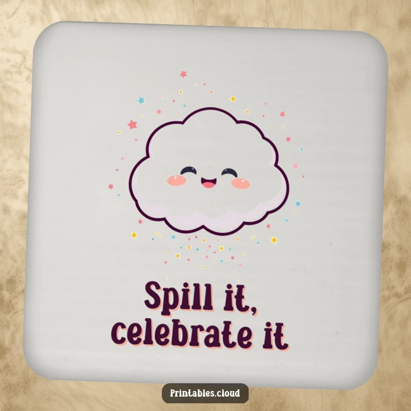 Funny drink coaster with a giggling cloud character spilling sparkling confetti, making surfaces safe and festive.