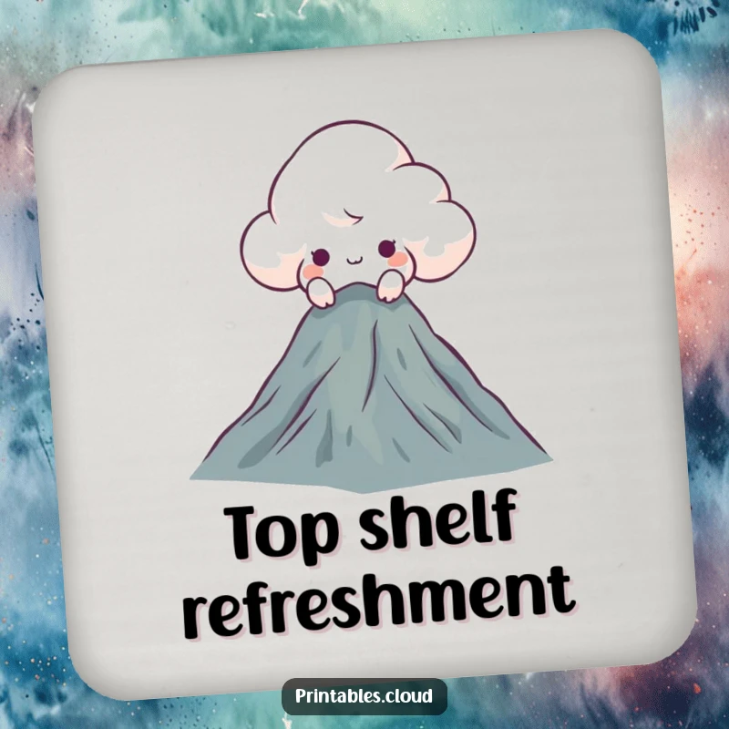 Funny curious cloud coasters, peeking over a mountaintop, protecting surfaces with humorous mountain-themed art.