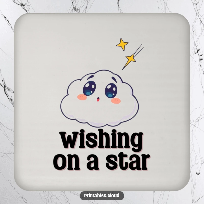 Funny surprised cloud character, looking up at a shooting star, on a drink coaster, protecting surfaces with humor.