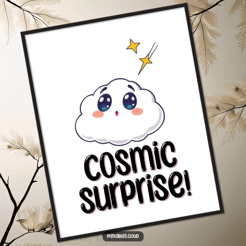 Funny surprised cloud character, mouth agape, watching a shooting star fly by, on a vibrant poster, whimsical wall art.