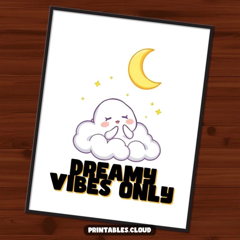 Funny poster art of a cloud character singing a lullaby to a crescent moon, creating a peaceful and whimsical atmosphere for any space.