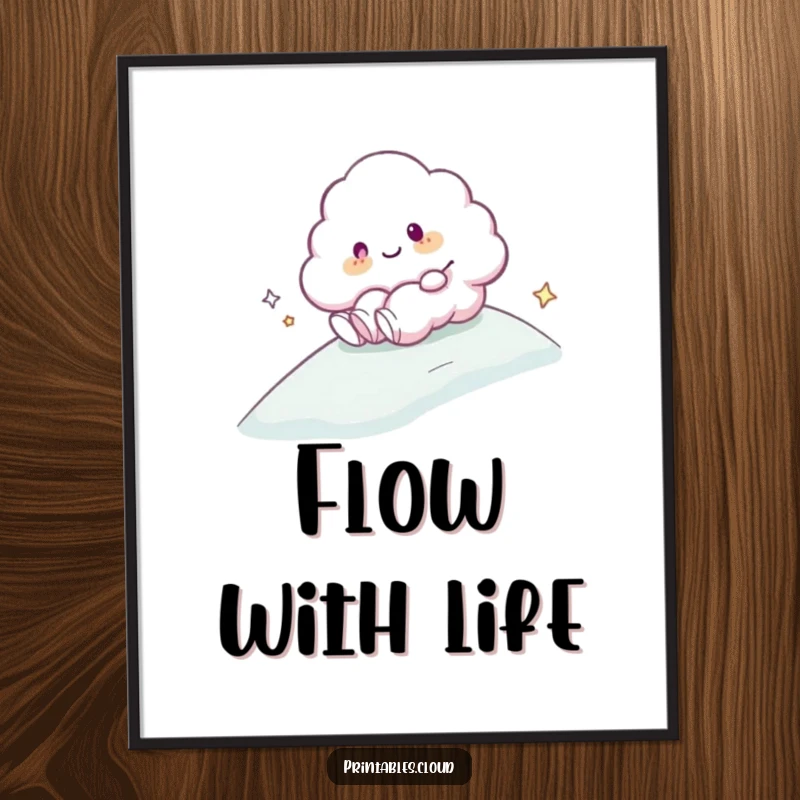 Funny Poster: A happy cloud character joyfully sliding down a gentle, misty slope, embodying carefree adventure.