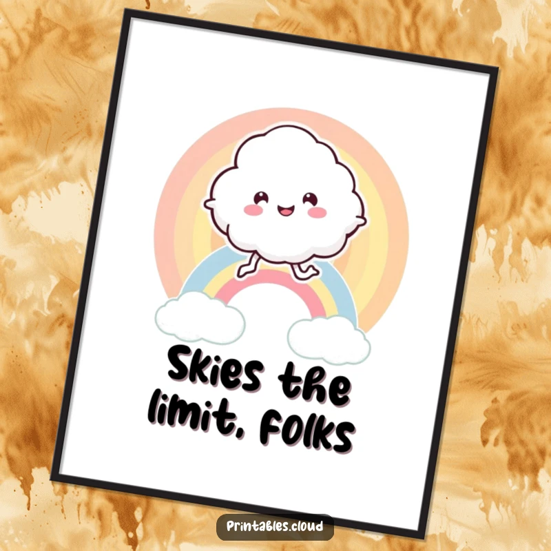 Funny poster illustration of a leggy, ecstatic cloud character joyfully bouncing on a vivid rainbow, evoking pure happiness.
