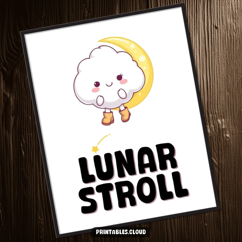 Funny cheerful cloud character, in tiny boots, tiptoeing on a moonbeam, on a vibrant poster, whimsical wall art.