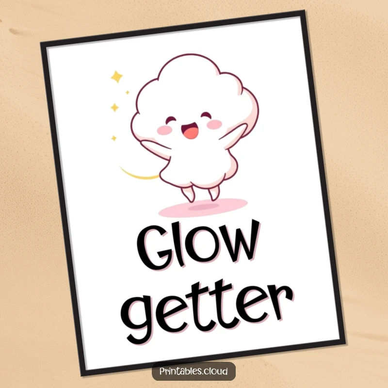 Funny Poster: A delighted cloud character dances joyfully, leaving a dynamic swirl of light, creating a humorous and energetic wall art.