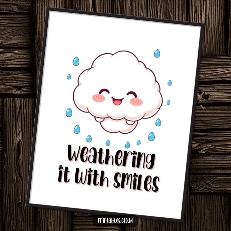 Funny Poster: A happy cloud character juggles raindrops with a beaming smile, creating a whimsical weather illustration.