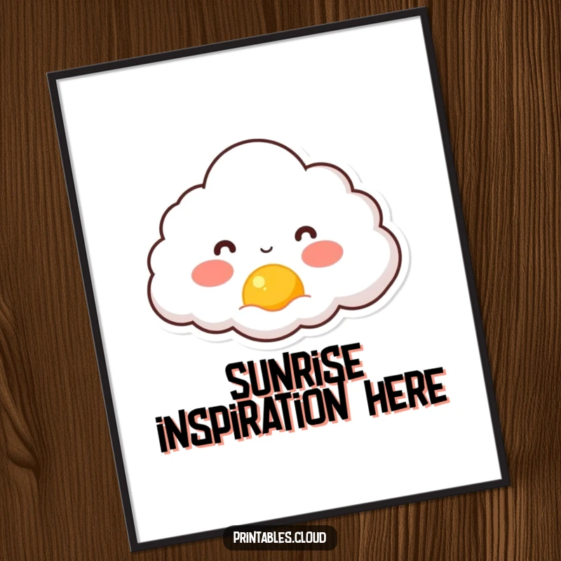 Funny poster artwork of a rosy-cheeked cloud character delightedly watching a tiny sun rise, capturing the magic of dawn.