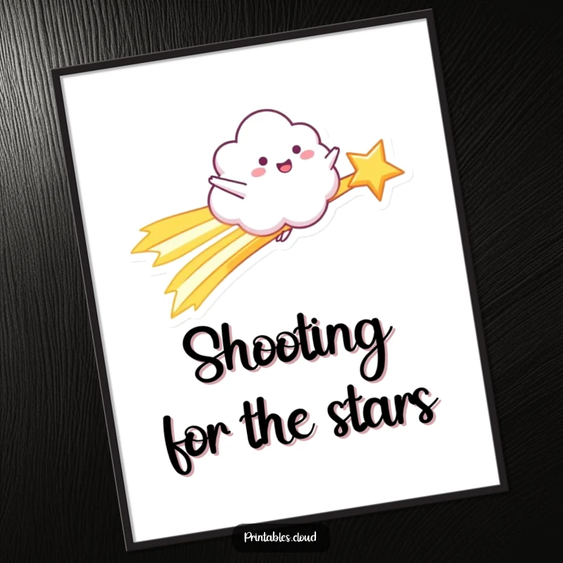 Funny Poster: A happy cloud character rides a shooting star with arms outstretched, creating a dynamic starry scene.
