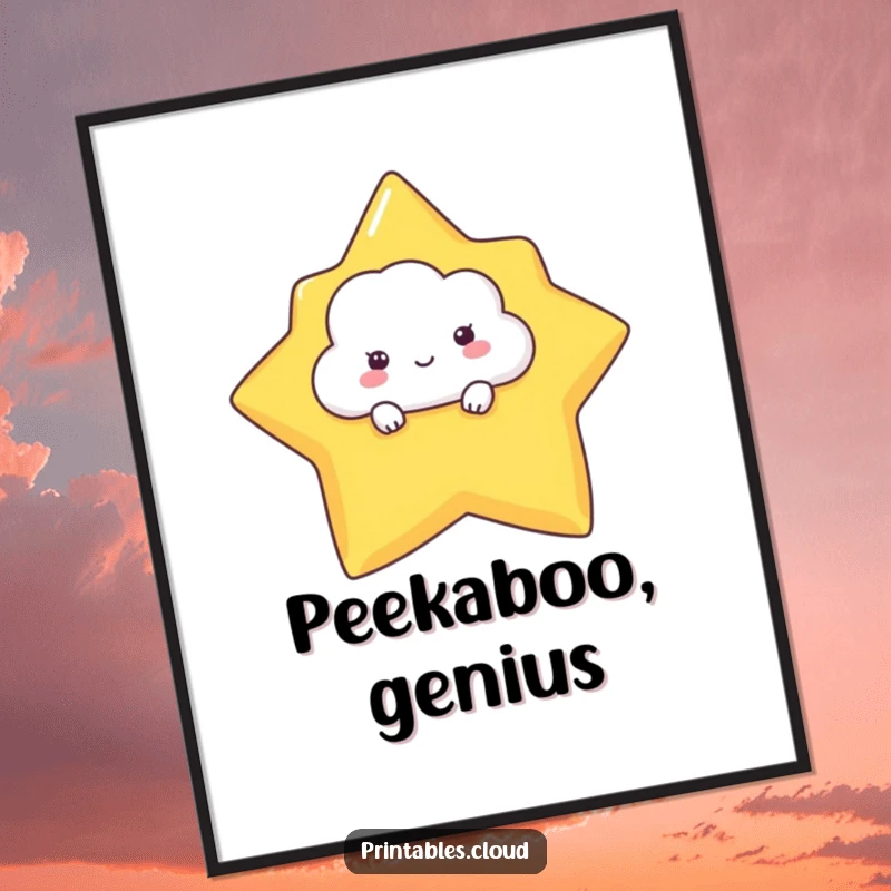 Funny poster art of a shy cloud character peeking out from behind a big, happy star, ideal for whimsical room decoration.