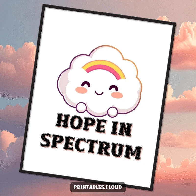 Funny poster featuring a smiling cloud character extending a soft, glowing rainbow, emitting positivity and cheerful vibes.