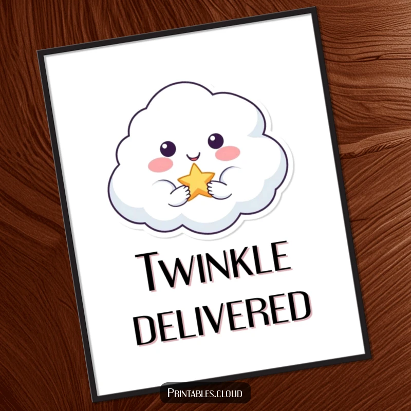 Funny poster of a smiling cloud character offering a sparkling star, ideal for creating a magical and inspiring atmosphere.