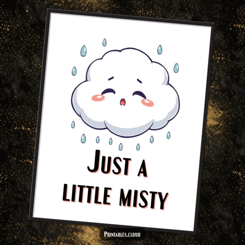 Funny surprised cloud poster, blinking with raindrops falling, a humorous wall art piece capturing a comical weather moment.