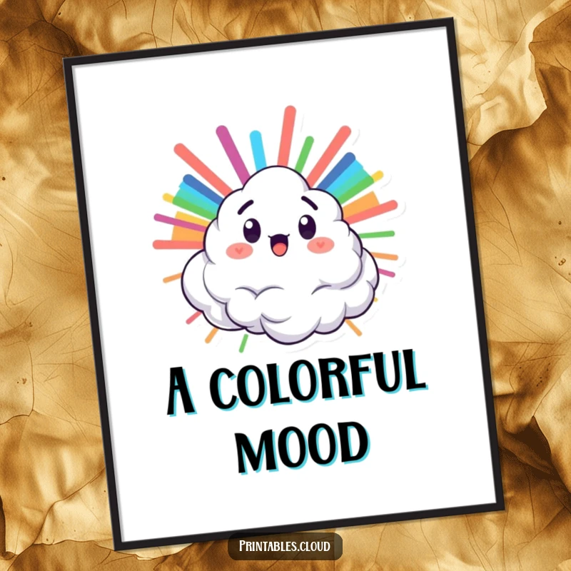 Funny poster depicting a surprised cloud character bursting with a vibrant rainbow, perfect for colorful and cheerful wall decor.