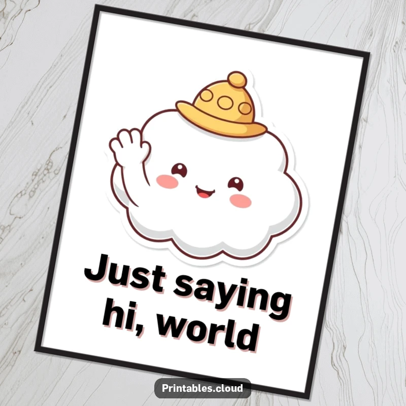 Funny poster illustration of a cloud character wearing a small hat and waving a warm, inviting hello.
