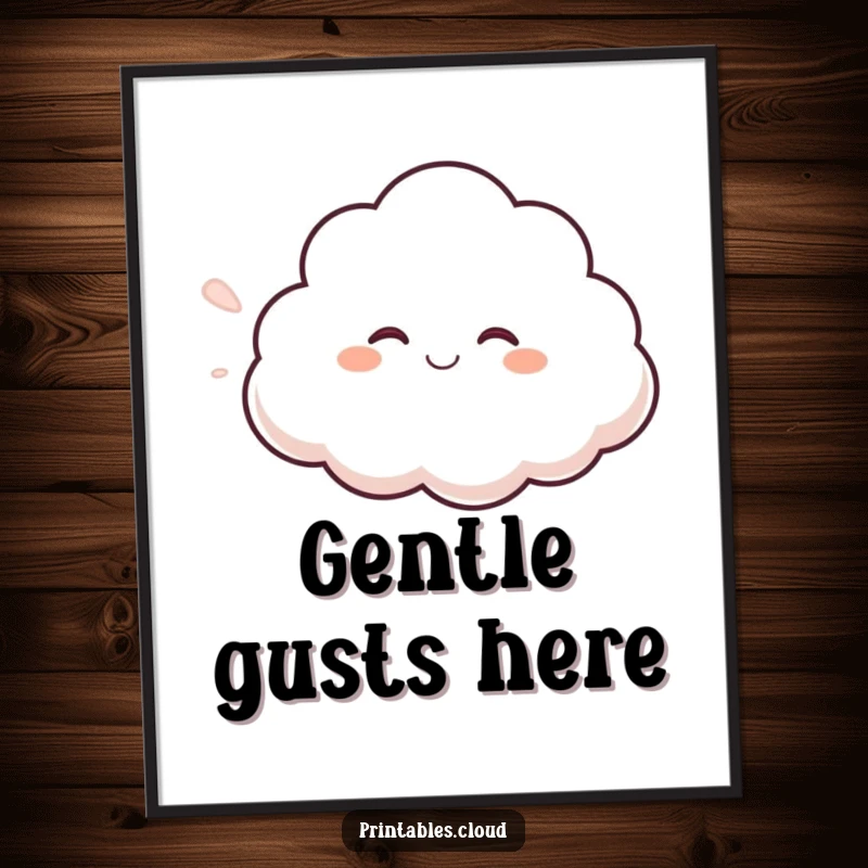 Funny giggling cloud poster, blowing a gentle breeze, a humorous wall art piece exuding happiness and lightheartedness.