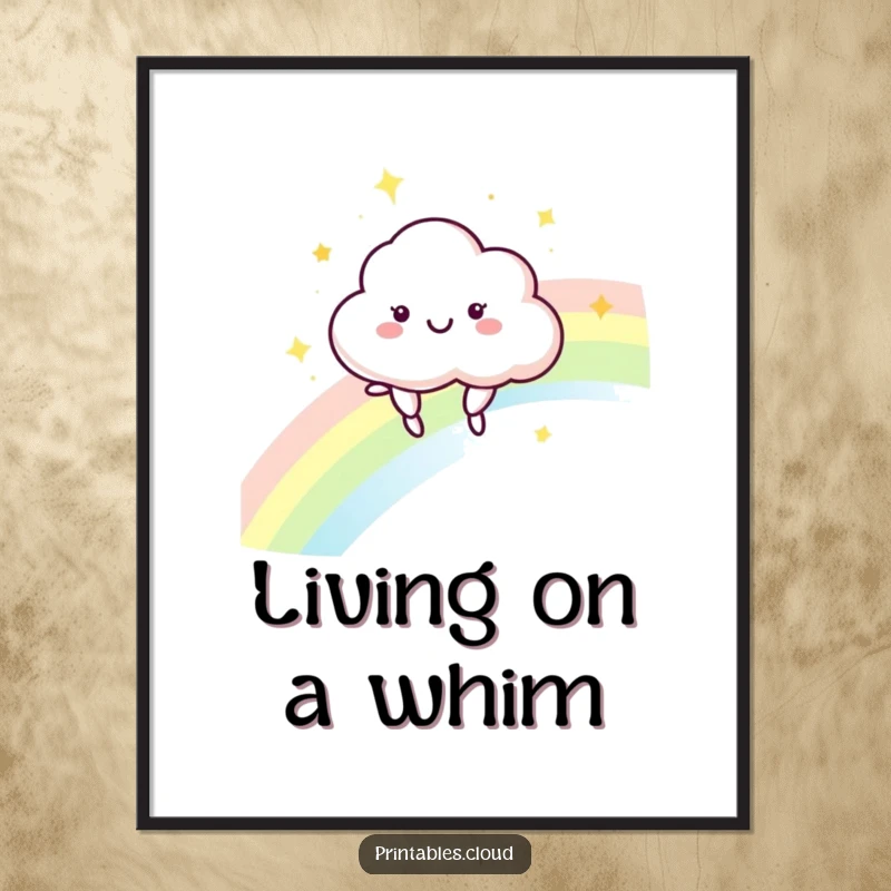 Funny Cloud Poster: Artwork of a happy cloud character playfully bouncing on a shimmering rainbow.