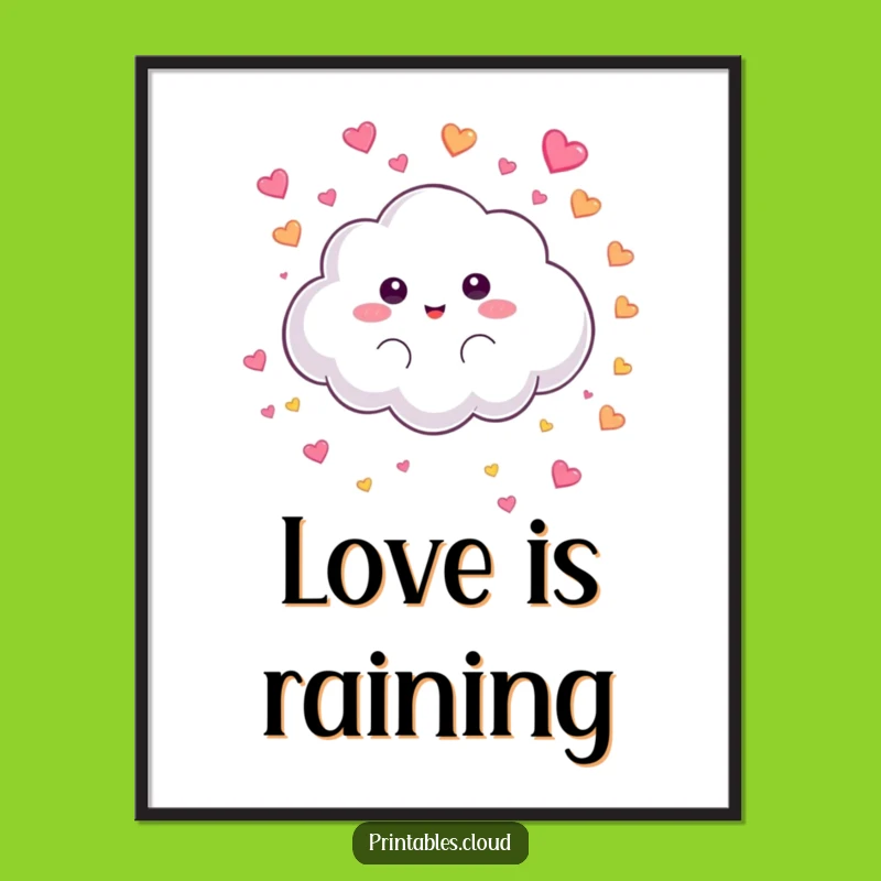 Funny Heart Rain Cloud Poster: Fluffy Character, Heart Art, Sweet Decor Gift