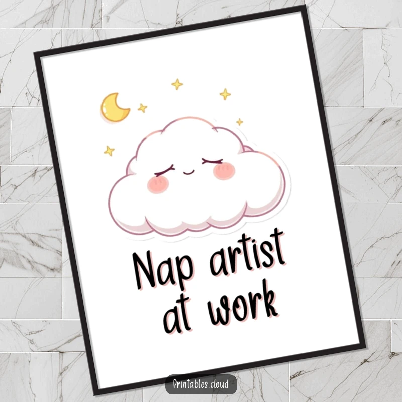 Funny Poster: Serene artwork of a dreaming cloud character sleeping peacefully with a gentle smile, ideal for creating a tranquil space.