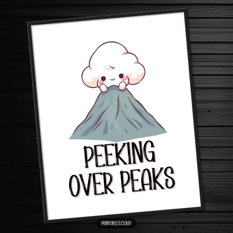 Funny curious cloud poster, peeking over a mountaintop, a humorous wall art piece capturing a moment of discovery.