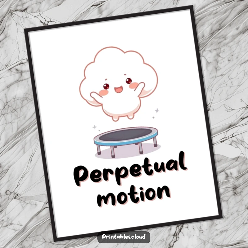 Funny poster art of a fluffy cloud character joyfully leaping on a trampoline, radiating pure amusement and energy.
