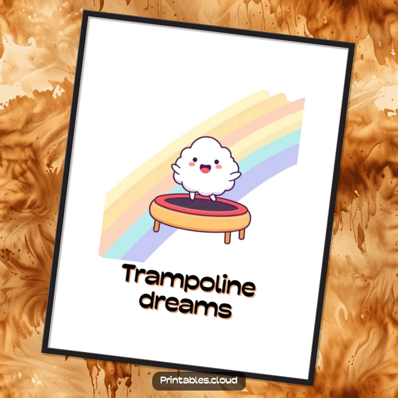 Funny poster of a happy cloud character bouncing on a rainbow trampoline, ideal for creating a fun and cheerful atmosphere.