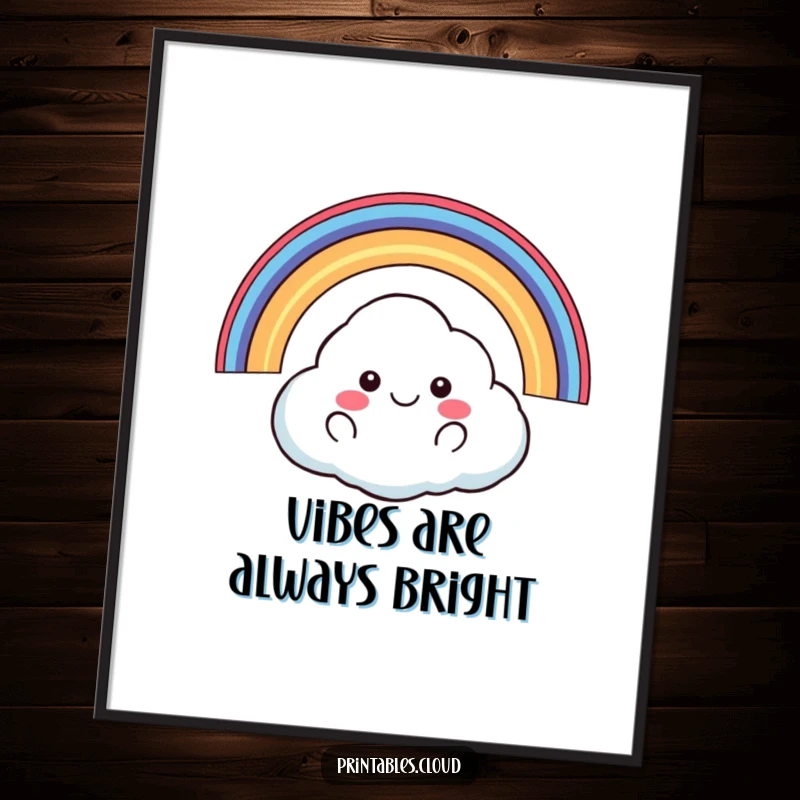 Funny happy cloud floating with rainbow arching over it poster, cheerful artwork, vibrant humor, perfect funny gift.