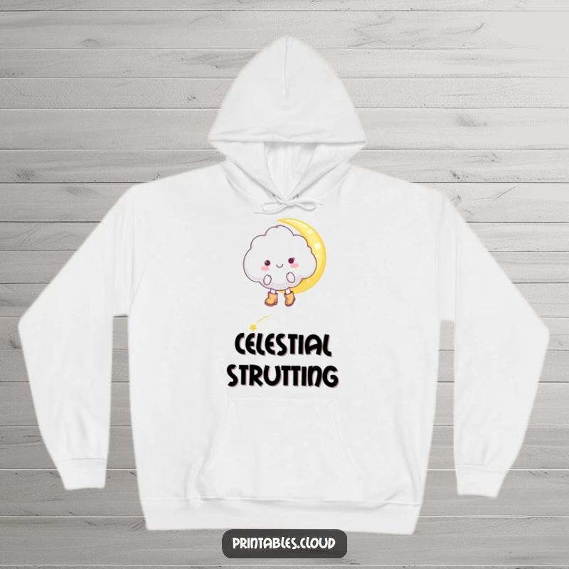 Funny cheerful cloud character, in tiny boots, tiptoeing on a moonbeam, on a warm hoodie, for humorous, cozy moonlit moments.