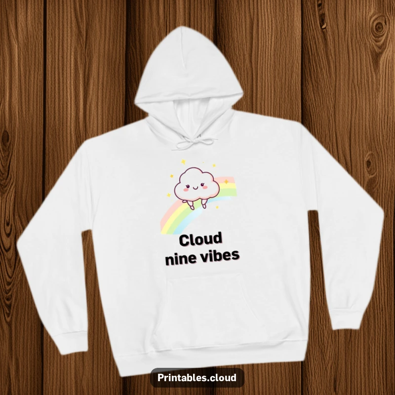 Funny Cloud Hoodie: A happy cloud character bounces on a shimmering rainbow, bringing warmth and joy.