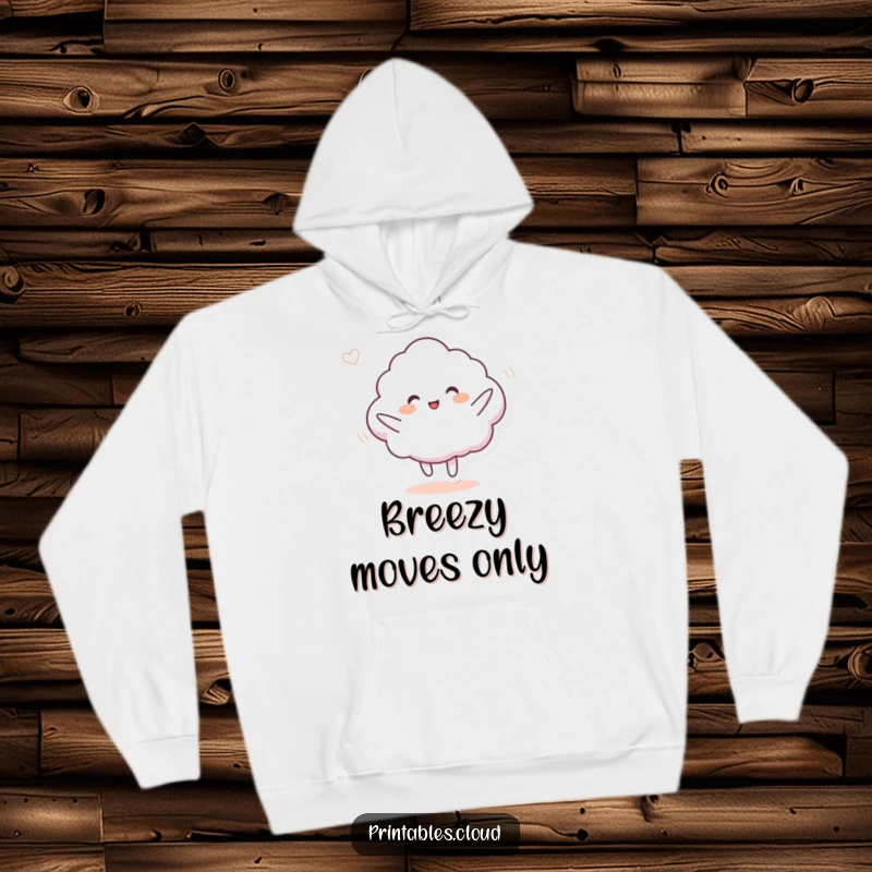 Funny, cozy hoodie with a cloud character performing a silly dance in a gentle breeze, perfect for staying warm and feeling joyful.