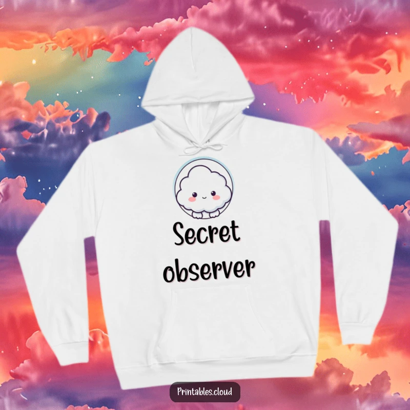 Funny hoodie showing a curious cloud character peeking through a keyhole shape, offering cozy comfort and a hint of mystery.