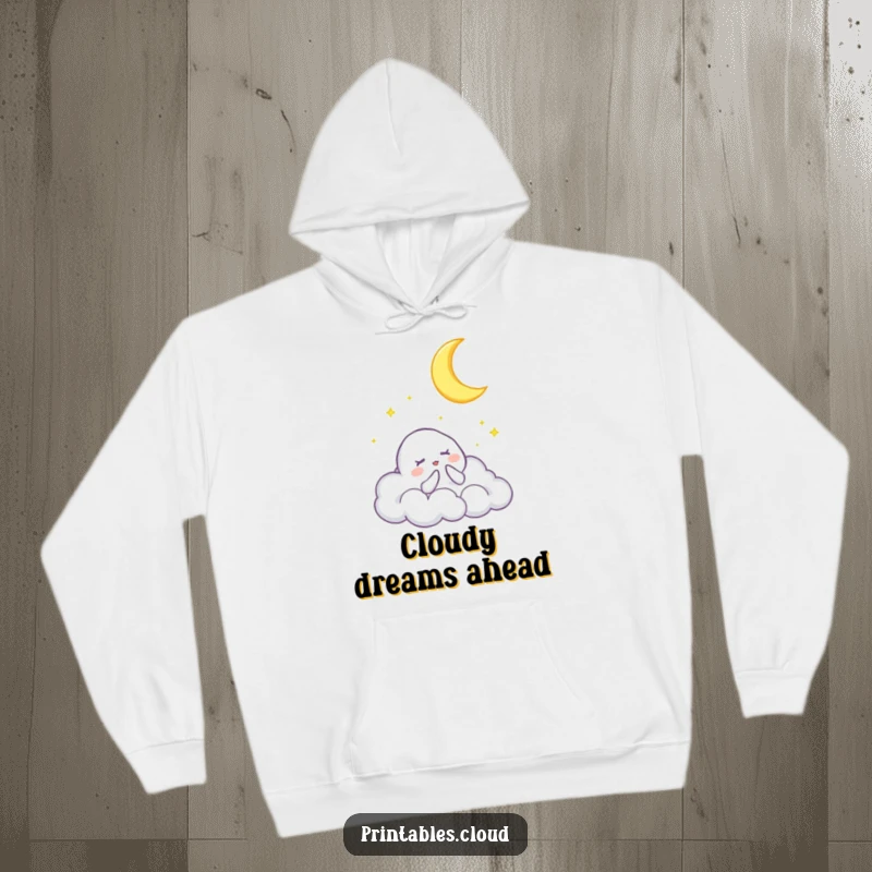 Funny, cozy hoodie showing a cloud character singing a lullaby to a crescent moon, perfect for warm nights and peaceful dreams.