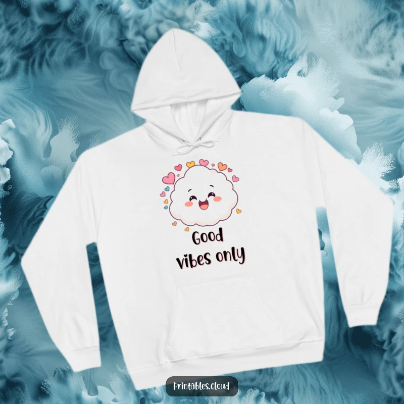 Funny hoodie showing a fluffy, grinning cloud character playfully showering colorful hearts, perfect for cozy smiles.
