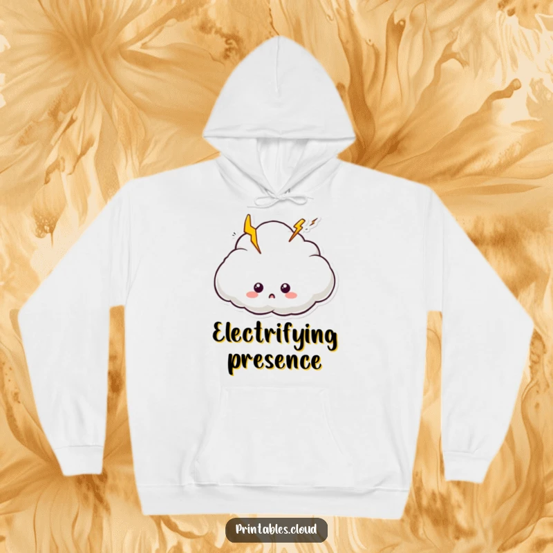 Funny hoodie featuring a surprised cloud with lightning bolts emerging, combining warmth with shocking humor.