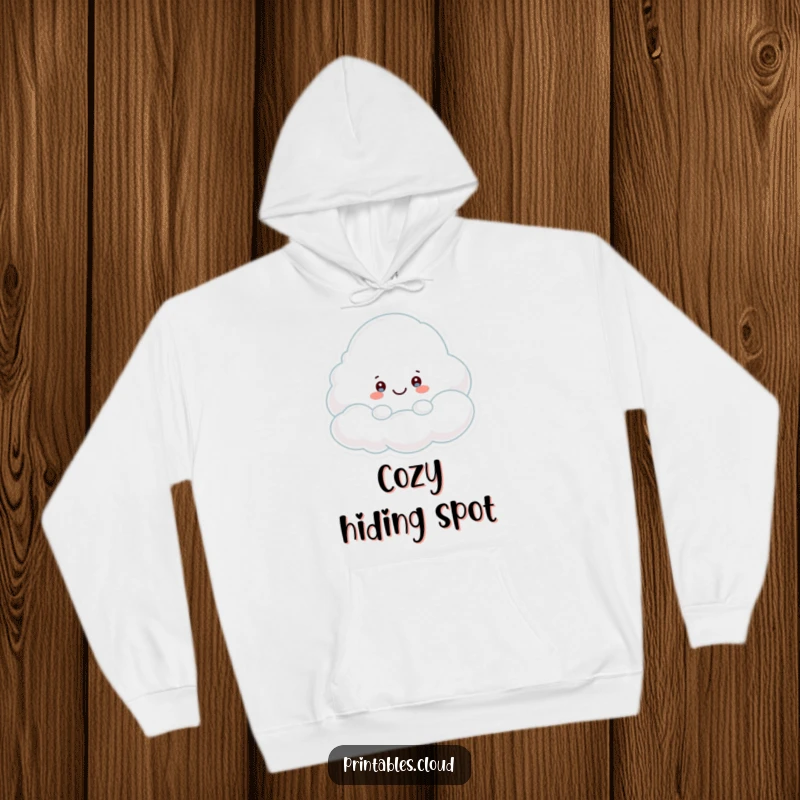 Funny Hoodie: A shy cloud character playfully peeking out from behind a larger, smiling cloud, inviting interaction.