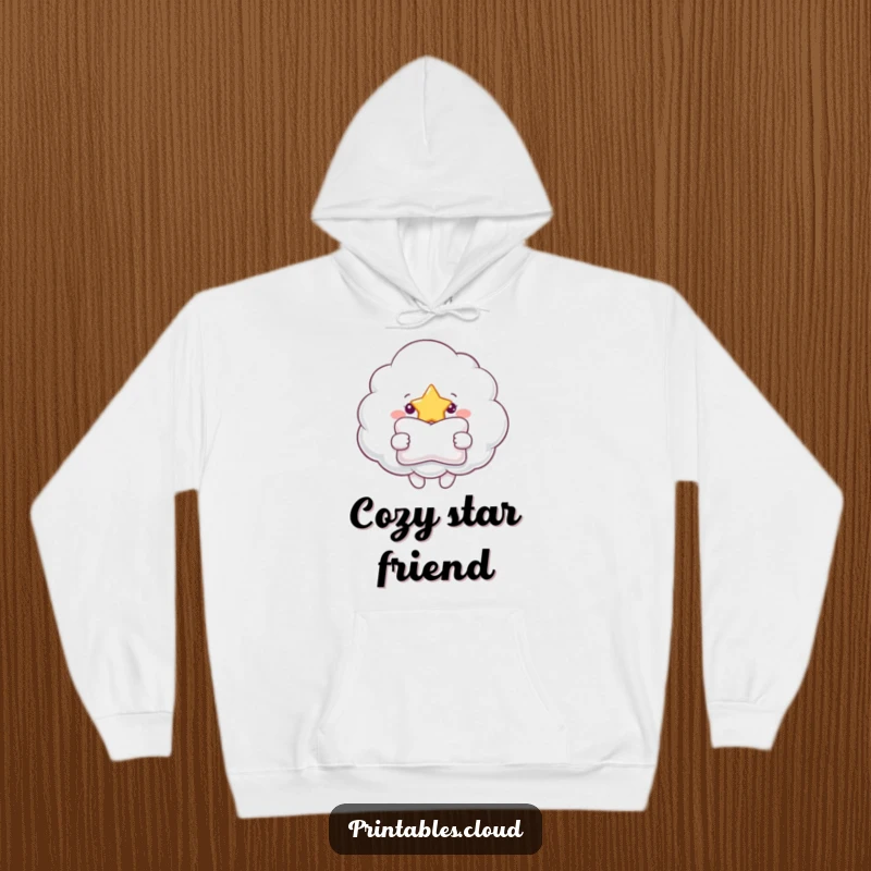 Funny hoodie showing a smiling cloud character extending a fluffy pillow to a bright star, symbolizing warmth and caring gestures.