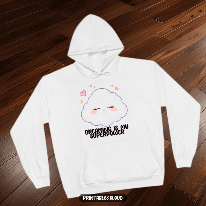 Funny dreaming cloud hoodie, snug and warm, lost in sugar plum fantasies, offering a humorous and comfortable aesthetic.