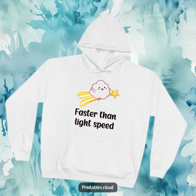 Funny Hoodie: A happy cloud character rides a shooting star with arms outstretched, offering cozy cosmic humor.