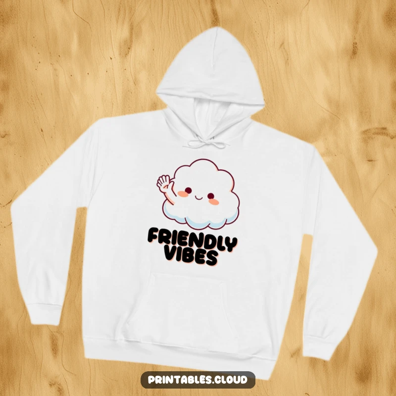 Funny Waving Cloud Hoodie featuring a fluffy cloud character with a playful arm, offering cozy comfort and a friendly, humorous hello.